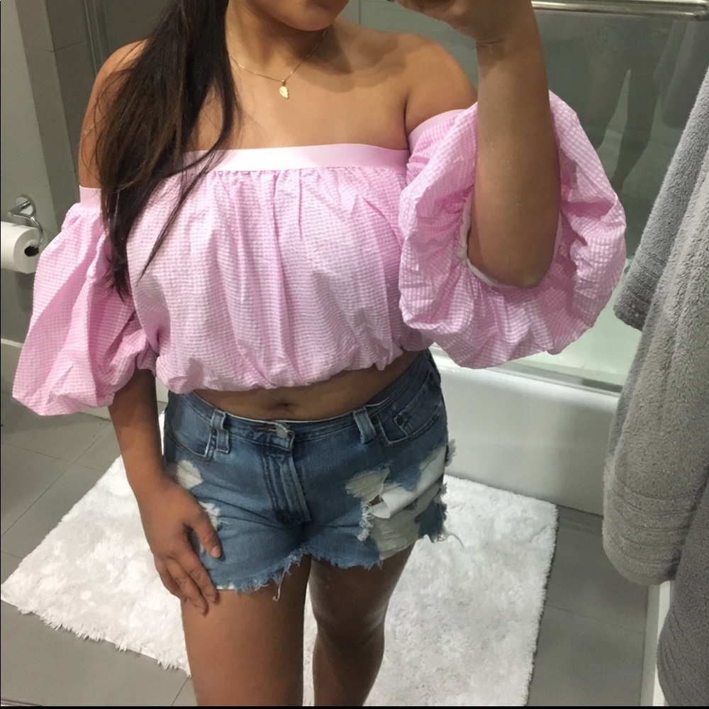 Nasty Gal Pink Gingham Bubble Crop Top
